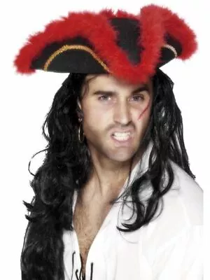 Men'S Pirate Black Tricorn Hat Jack Sparrow Fancy Dress Stag Captain Hook Fun Do • £11.45