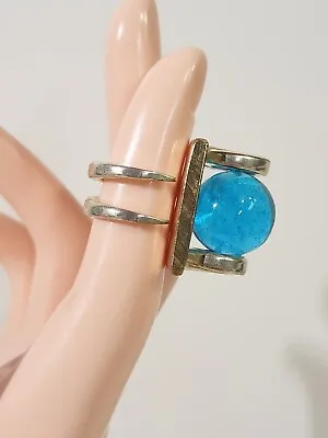 Unique Vintage Thick & Solid Silvertone Blue Glass Marble Abstract Ring (Size 5) • $20