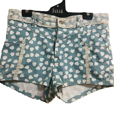 £10.75 • Buy ZARA Shorts Size 10 (EUR 42) Denim Rules By TRF Green Hearts Lace Button Fly