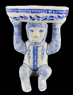 Vtg Chinoiserie Blue White 8” Ceramic Monkey Sitting Hold Soap Dish Candy Bowl • $210