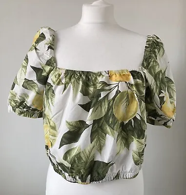 H&M Ladies Bardot Lemon Tropical Puff Sleeve Crop Top Medium VGC • £4.99