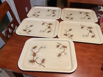 Metal TV Trays Set Of 4 Retro  Pine Cone Design Mid Century Lap Tray 14.5 X 7” • $10.50