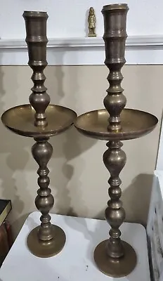 Pair Vintage Etched Brass Moroccan 36  Floor Altar Pillar Church Candlesticks • $200