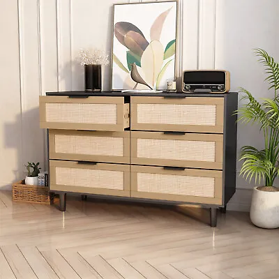 6 Drawers Rattan Dresser Storage Cabinet Chests Of Drawers For Bedroom Office US • $255.99