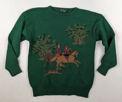 Vintage Women's Green Equestrian Fox Hunt Horse Pullover Sweater Charter Club S • $59.99