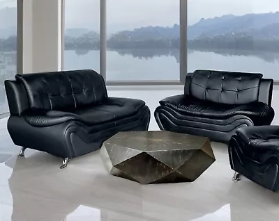 PRICE DROP Black Leather Gel 2PC Sofa Loveseat Set Contemporary Modern Furniture • $879.99