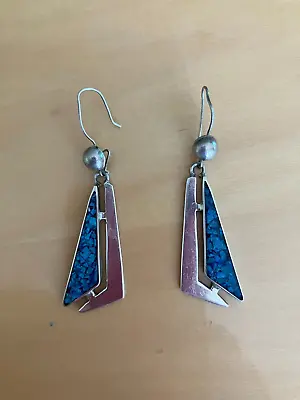 MOD VINTAGE MEXICO STERLING 925 TWO TREES TURQUOISE DANGLE EARRINGS *7.3 Gm* • $15.99