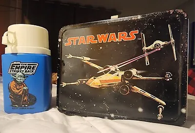 Vintage 1977 STAR WARS METAL LUNCHBOX + 1980 EMPIRE STRIKES BACK BLUE THERMOS • $249