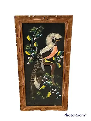 Vintage Mexican Folk Art Feathercraft Feather Bird Painting Art Carved Frame • $25