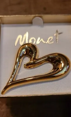 Vintage Monet Open Heart Brooch Pin  Goldtone Shiny Valentine Jewelry W Box • $9.99