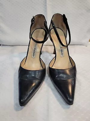 Manolo Blahnik Campari Black Leather Pump Mary Jane Point Toe Slim 36 • $125