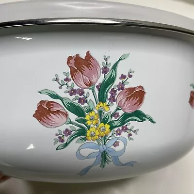 Vintage Enamelware Metal Nesting Bowls With Lids Set Of 3 Flowers Country New • $21.99