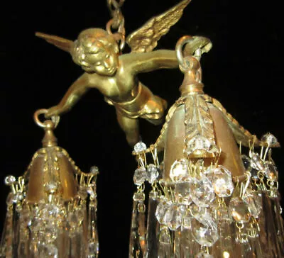 Bronze Vintage Chandelier Ceiling French Lamp Flying Cherub Brass Crystal Prisms • $1965