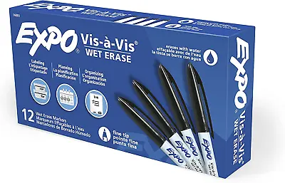 EXPO Vis-a-Vis Wet Erase Markers Fine Point Black 12 Count • $20.89