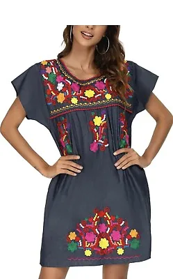 YZXDORWJ Sz L Embroidered Lace Short Sleeve Blue Denim Jean Peasant Boho Dress • $25