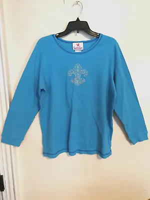 Quacker Factory Womens Shirt 1X Plus Blue Beaded Pullover Top Blouse Long Sleeve • $25