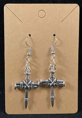 Large Silver Nail Cross Earrings - Dangle - Silver Hooks - Handmade • $3.99