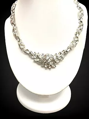 Vintage Crown Trifari 1940's Rhodium Plated Navette Baguette Rhinestone Necklace • $145