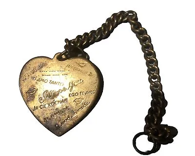 Antique VTG WWII Era Brass I Love You Heart Pendant Different Languages 2 Sided • $34.99