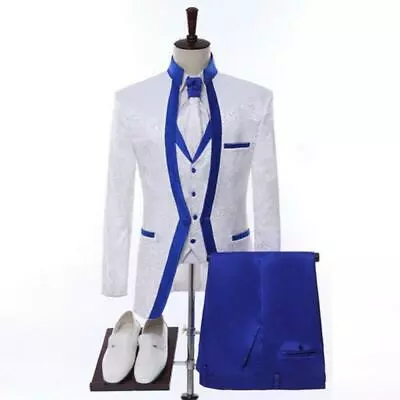 White Royal Blue Rim Stage Suits Men's Wedding Formal Casual New Groom Tuxedos • $85.09