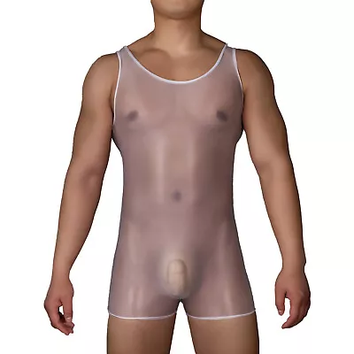 US Men's Glossy Sheer Sleeveless Bodysuit Leotard Jumpsuit Wrestling Singlet  • $11.18