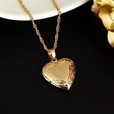 24K Gold Plated Small Heart Locket Pendant Necklace Photo Picture 18” N64 • $19.99