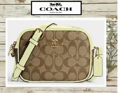 NWT COACH MINI JAMIE CAMERA Crossbody Bag Sig Canvas Leather In KHAKI PALE LIME • $220.46