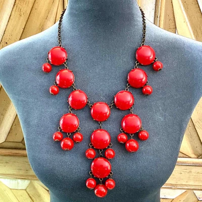 $17 • Buy Chunky Red Cabochon Cascading Statement Necklace Bubble Ball Bead Brass Tone