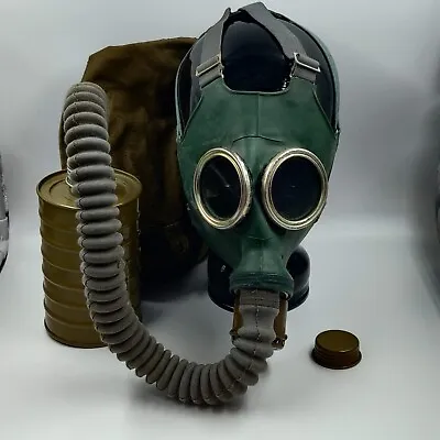 Vintage Cold War Era Rubber Gas Mask With Hose Tank And Carrying Bag • $49.87