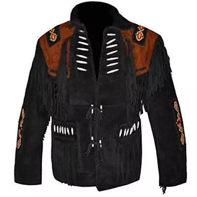 Mens Native American Cowboy Leather Jacket Fringe & Beaded Western Suede Jacket • $134.99