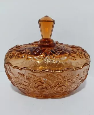 Vintage MCM Amber/Pink/Cognac Glass Candy Dish Or Trinket Jar EUC Roses On Sides • $30