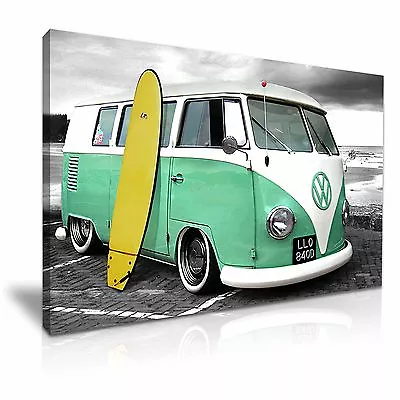 VW Retro Camper Van With Surfing Board Canvas Wall Art Picture Print 76x50cm • £30.99