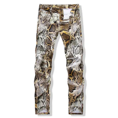 Mens Fashion Snakeskin Printed Straight Legs Pants Punk Slim Fit Trousers Party • $35.66