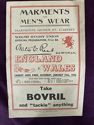 1946 England V Wales -Welsh Rugby Union Programme -Cardiff Arms Park 19/01/46 • £6.50