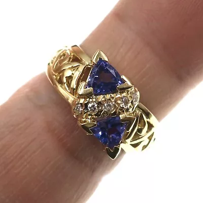 14k Solid Yellow Gold 1ct Trillion Cut Tanzanite Diamond Open-Work Ring Size 6.5 • £623.75