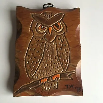 Vintage MCM Hand Carved Wood Owl Wall Plaque Signed • $8