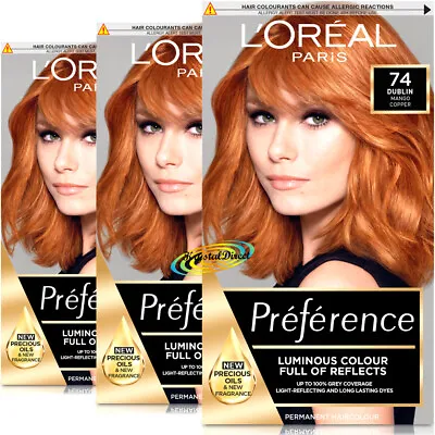 3x Loreal Preference 74 Dublin MANGO COPPER RED Permanent Hair Colour Dye • £35.99