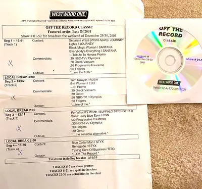 12/29/01 Off The Record Yr End Special: Santana Rush Elo Styx Csn Journey • $42.99