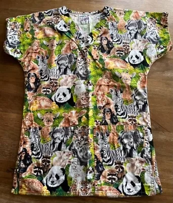 Women's XS Scrubs Top Shirt X-Small S.C.R.U.B.S. Zoo Animal Print Panda Zebra • $14.81