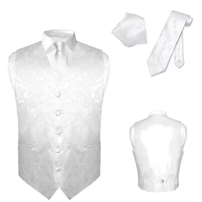 Men's Dress VEST NeckTie For Suit Tuxedo WHITE Color PAISLEY Design Tie Hanky XL • $25.95