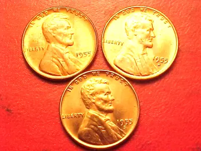 1955-p  1955-d 1955-s Bu+   Lincoln Wheat Penny Cents Uncirculated Roll Fresh • $7.98