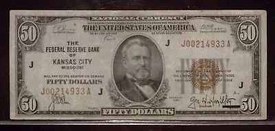 1929 $50 National Currency Note | VF + | Federal Reserve Bank Of Kansas City • $139.99