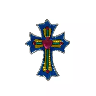 Rustic & Vintage Mexican Art Blue Tin Cross With Pink Milagro Heart Ornament • $9.95