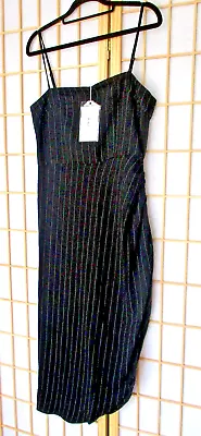 $26 • Buy New!   Elegant Third Form 10 Black Pin Stripe Midi Dress Asymmetrical Slit Hem