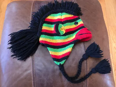 100% Wool Rainbow Mohawk Monkey Hand Knitted Beanie Hat Fleece Lining Earflaps • $18.89