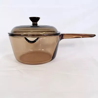 Corning Ware Vision Amber Glass Cookware 1L Sauce Pot Pan Spout With Lid • $32