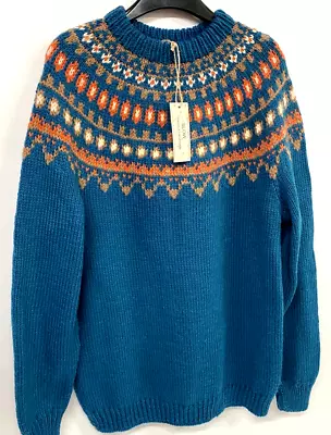 HANDMADE JUMPER SWEATER MENS S/M TEAL SLOW Wool Blend FAIR ISLE VINTAGE 565 • $49.26