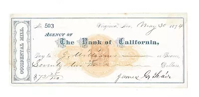 1874 Virginia City Nevada Mining Check Signed By James G. Fair: Occidental Mill • $149.99