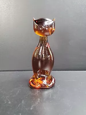 Viking Glass 7 Inch Cat Figurine Paperweight In Amber MCM • $40