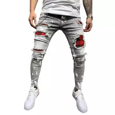 Mens Ripped Skinny Jeans Denim Trousers Frayed Casual Slim Fit Stretch Pants US • $37.69